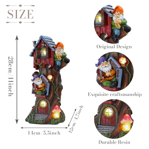 TERESA'S COLLECTIONS 11" Tall Large Garden Statues Gnome Treehouse with Solar Outdoor Light, Garden Sculptures Statues Figurines Resin Lawn Ornaments Patio Yard Decor Gifts for Dad Birthday