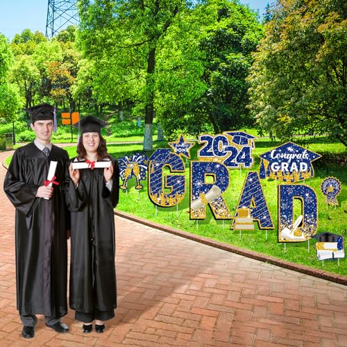 2024 Graduation Yard Sign Decorations Blue Gold Congrats Grad Class of 2024 Lawn Signs with Stakes for High School College 2024 Congrats Graduation Outdoor Party Decoration Supplies