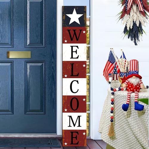 4th of July Welcome Porch Sign Memorial Day Patriotic Stars American Door Hanger Welcome Door Sign Front for Door Decorations Independence Day - Standing Hanging Home Front Door Wall Yard sign,47.2"H