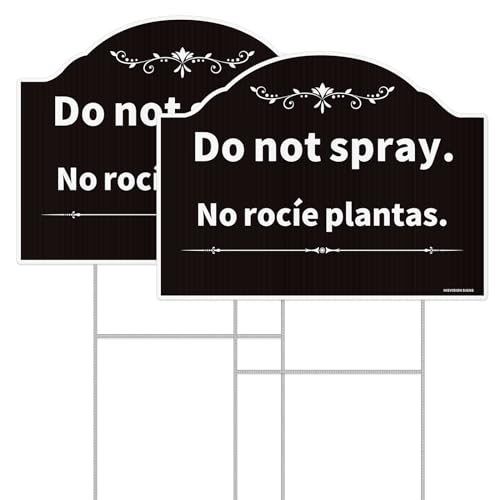 Do Not Spray Sign, Outdoor No Spray Pesticide Sign,Bilingual Plant Sign in English and Spanish, 2Pack-12"x9"Double Sided with Metal Stake, UV Protected, Non-Fading, Easy to Mount (Black)