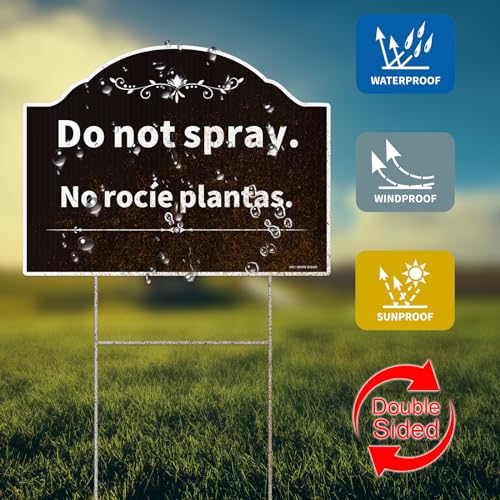 Do Not Spray Sign, Outdoor No Spray Pesticide Sign,Bilingual Plant Sign in English and Spanish, 2Pack-12"x9"Double Sided with Metal Stake, UV Protected, Non-Fading, Easy to Mount (Black)