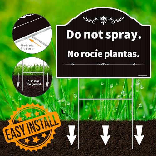 Do Not Spray Sign, Outdoor No Spray Pesticide Sign,Bilingual Plant Sign in English and Spanish, 2Pack-12"x9"Double Sided with Metal Stake, UV Protected, Non-Fading, Easy to Mount (Black)