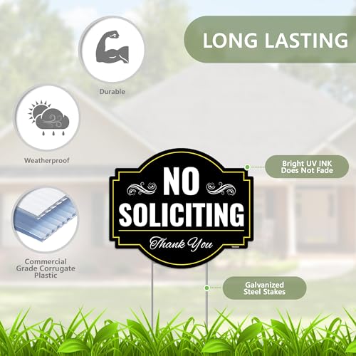 2PC No Soliciting Sign with Stake, 12 Inches by 10 Inches - Corrugated Plastic - No Soliciting Solicitors Silication Yard Sign for House Home Front Yard