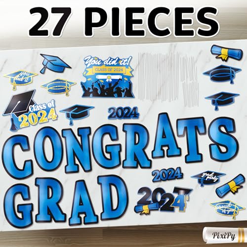 Graduation Yard Sign 2024 (27 Piece Set, Royal Blue) Signs for Senior Class Party Decorations, Congrats Graduate by PixiPy