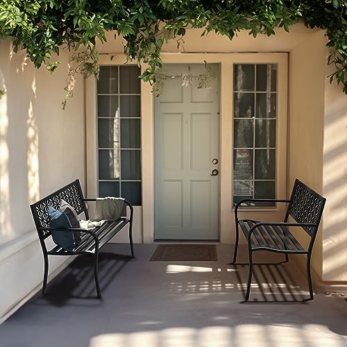 VINGLI 50" Outdoor Bench Metal with Floral Back, Garden Bench Front Porch Bench for Yard Patio Entryway Park Outside, 800lb Capacity - Black