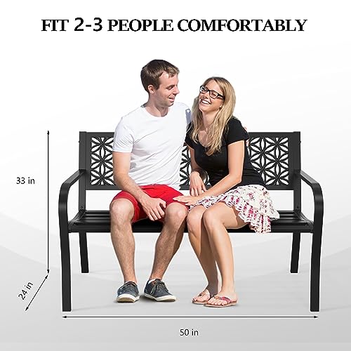 VINGLI 50" Outdoor Bench Metal with Floral Back, Garden Bench Front Porch Bench for Yard Patio Entryway Park Outside, 800lb Capacity - Black