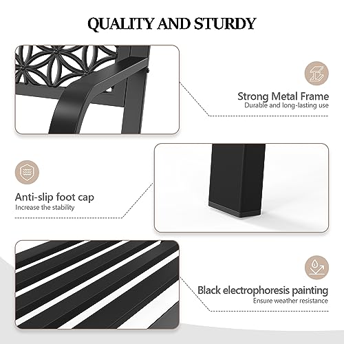 VINGLI 50" Outdoor Bench Metal with Floral Back, Garden Bench Front Porch Bench for Yard Patio Entryway Park Outside, 800lb Capacity - Black