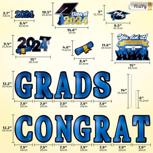 Graduation Yard Sign 2024 (27 Piece Set, Royal Blue) Signs for Senior Class Party Decorations, Congrats Graduate by PixiPy