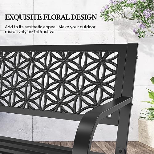 VINGLI 50" Outdoor Bench Metal with Floral Back, Garden Bench Front Porch Bench for Yard Patio Entryway Park Outside, 800lb Capacity - Black