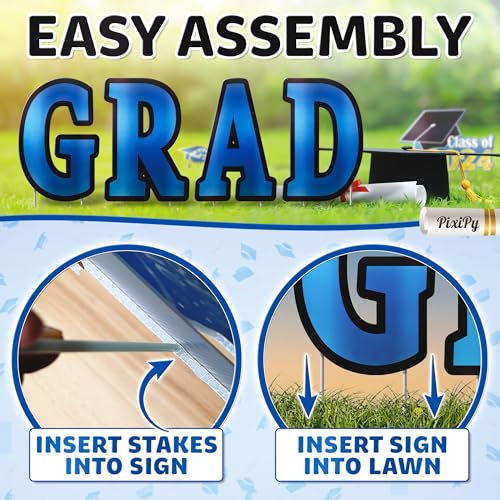Graduation Yard Sign 2024 (27 Piece Set, Royal Blue) Signs for Senior Class Party Decorations, Congrats Graduate by PixiPy