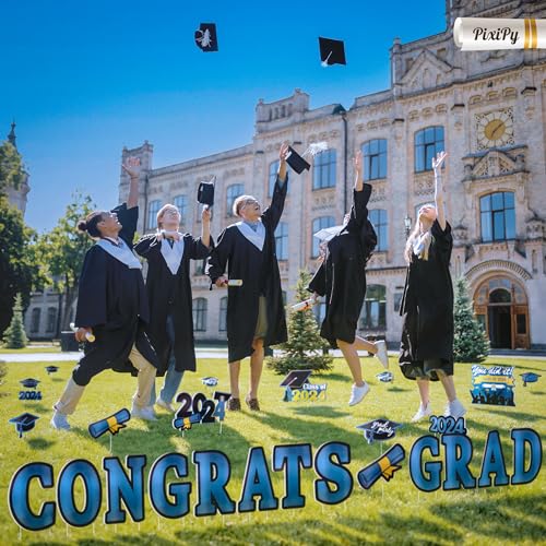 Graduation Yard Sign 2024 (27 Piece Set, Royal Blue) Signs for Senior Class Party Decorations, Congrats Graduate by PixiPy