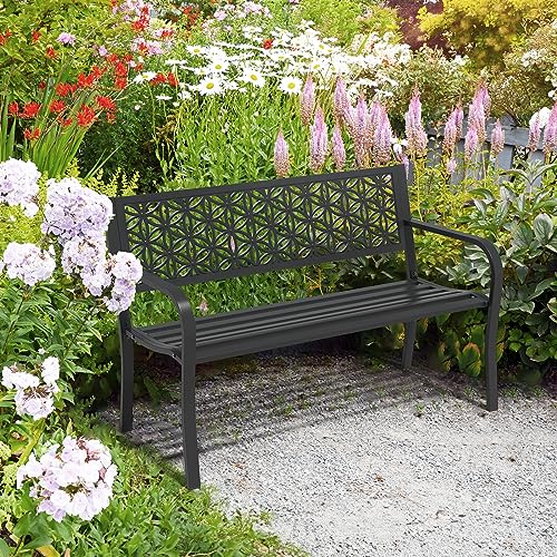 VINGLI 50" Outdoor Bench Metal with Floral Back, Garden Bench Front Porch Bench for Yard Patio Entryway Park Outside, 800lb Capacity - Black