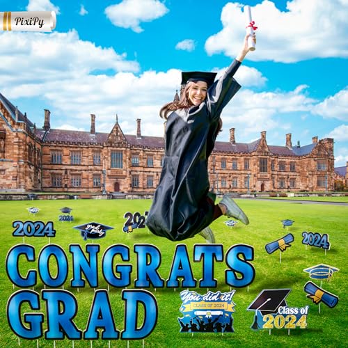 Graduation Yard Sign 2024 (27 Piece Set, Royal Blue) Signs for Senior Class Party Decorations, Congrats Graduate by PixiPy