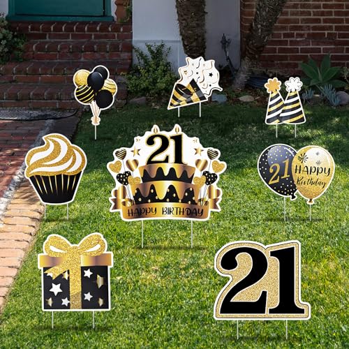 MYITYARD 21th Birthday Decorations, 8 Pack Happy Birthday Yard Sign with Stakes for Outdoor Front Yard Lawn Birthday Party Scene Decor, 21th Birthday Gifts for Girls, Boys, Friend - Gold Black
