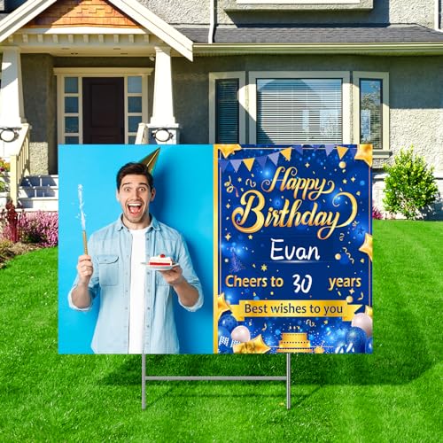 Blue Personalized Birthday Yard Sign with Stake Blue Gold Happy Birthday Custom Age Photo Name Lawn Sign for Men Outdoor Best Wishes to You Porch Sign Supplies for Garden Anniversary Decoration