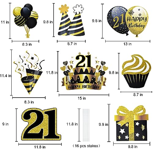 MYITYARD 21th Birthday Decorations, 8 Pack Happy Birthday Yard Sign with Stakes for Outdoor Front Yard Lawn Birthday Party Scene Decor, 21th Birthday Gifts for Girls, Boys, Friend - Gold Black