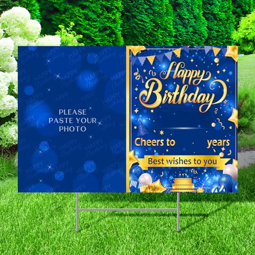 Blue Personalized Birthday Yard Sign with Stake Blue Gold Happy Birthday Custom Age Photo Name Lawn Sign for Men Outdoor Best Wishes to You Porch Sign Supplies for Garden Anniversary Decoration
