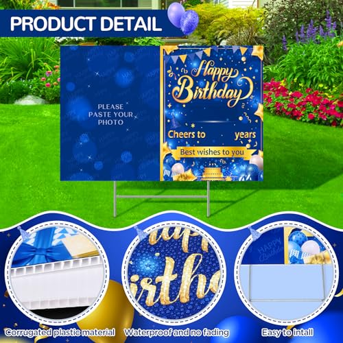 Blue Personalized Birthday Yard Sign with Stake Blue Gold Happy Birthday Custom Age Photo Name Lawn Sign for Men Outdoor Best Wishes to You Porch Sign Supplies for Garden Anniversary Decoration