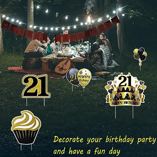 MYITYARD 21th Birthday Decorations, 8 Pack Happy Birthday Yard Sign with Stakes for Outdoor Front Yard Lawn Birthday Party Scene Decor, 21th Birthday Gifts for Girls, Boys, Friend - Gold Black