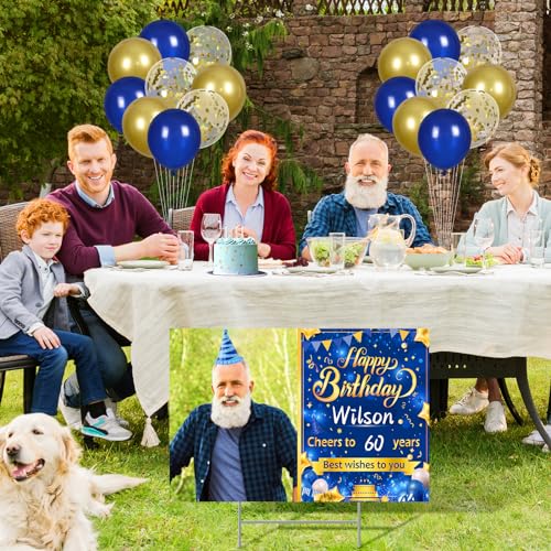 Blue Personalized Birthday Yard Sign with Stake Blue Gold Happy Birthday Custom Age Photo Name Lawn Sign for Men Outdoor Best Wishes to You Porch Sign Supplies for Garden Anniversary Decoration