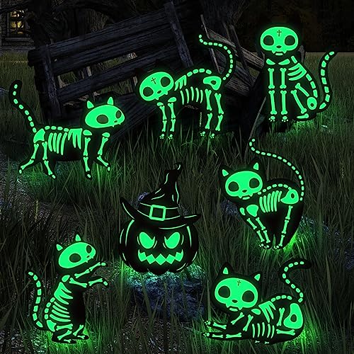 7Pcs Fluorescence Halloween Decorations Outdoor Yard Signs Tombstones,Glow in the Dark Skeleton Black Cat Pumpkin Silhouette Lawn Signs with Stakes for Garden Front Yard Decorations Outside