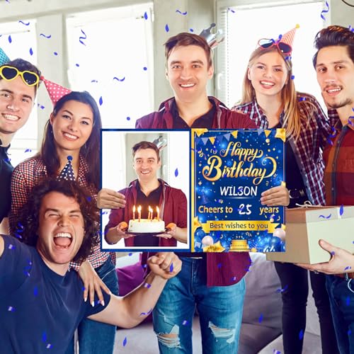 Blue Personalized Birthday Yard Sign with Stake Blue Gold Happy Birthday Custom Age Photo Name Lawn Sign for Men Outdoor Best Wishes to You Porch Sign Supplies for Garden Anniversary Decoration