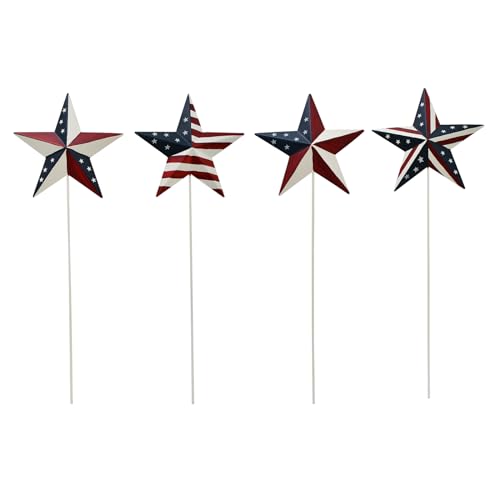 K KILIPES 15.75" H Metal Star Barn Patriotic Garden Stakes, 4pcs Rustic US Flag Star Metal Plant Stick Yard Art Ornament for Memorial Day 4th of July Independence Day Patio Lawn Outdoor Decoration