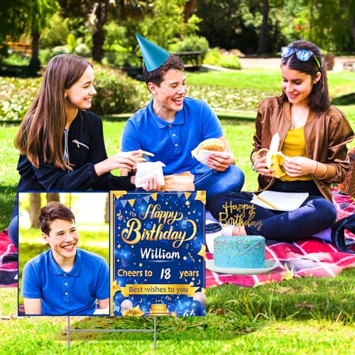 Blue Personalized Birthday Yard Sign with Stake Blue Gold Happy Birthday Custom Age Photo Name Lawn Sign for Men Outdoor Best Wishes to You Porch Sign Supplies for Garden Anniversary Decoration