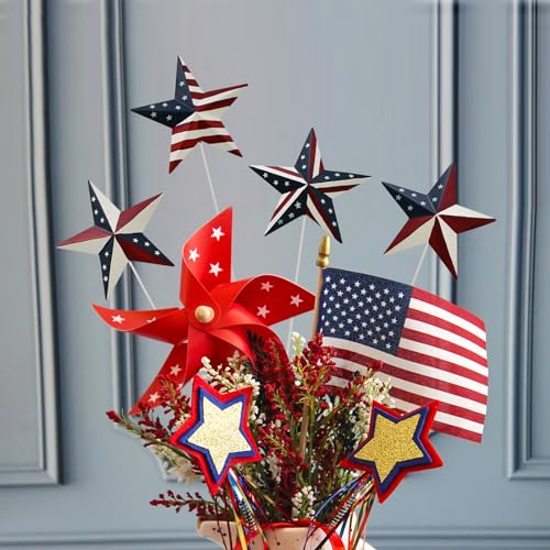 K KILIPES 15.75" H Metal Star Barn Patriotic Garden Stakes, 4pcs Rustic US Flag Star Metal Plant Stick Yard Art Ornament for Memorial Day 4th of July Independence Day Patio Lawn Outdoor Decoration