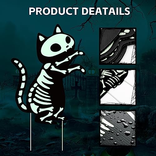 7Pcs Fluorescence Halloween Decorations Outdoor Yard Signs Tombstones,Glow in the Dark Skeleton Black Cat Pumpkin Silhouette Lawn Signs with Stakes for Garden Front Yard Decorations Outside