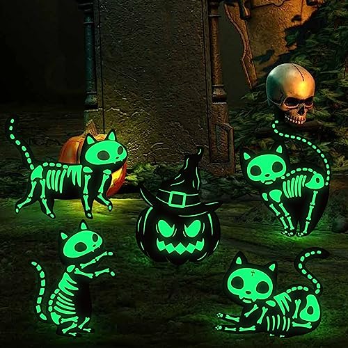 7Pcs Fluorescence Halloween Decorations Outdoor Yard Signs Tombstones,Glow in the Dark Skeleton Black Cat Pumpkin Silhouette Lawn Signs with Stakes for Garden Front Yard Decorations Outside