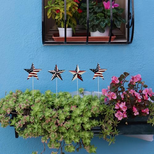 K KILIPES 15.75" H Metal Star Barn Patriotic Garden Stakes, 4pcs Rustic US Flag Star Metal Plant Stick Yard Art Ornament for Memorial Day 4th of July Independence Day Patio Lawn Outdoor Decoration