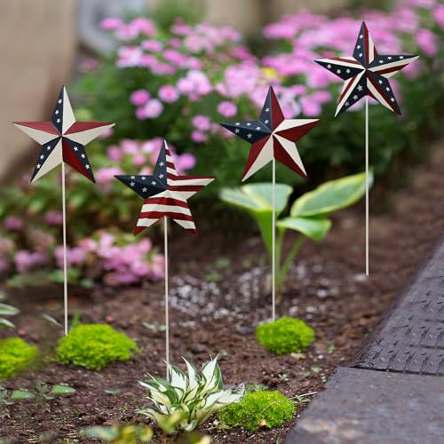 K KILIPES 15.75" H Metal Star Barn Patriotic Garden Stakes, 4pcs Rustic US Flag Star Metal Plant Stick Yard Art Ornament for Memorial Day 4th of July Independence Day Patio Lawn Outdoor Decoration