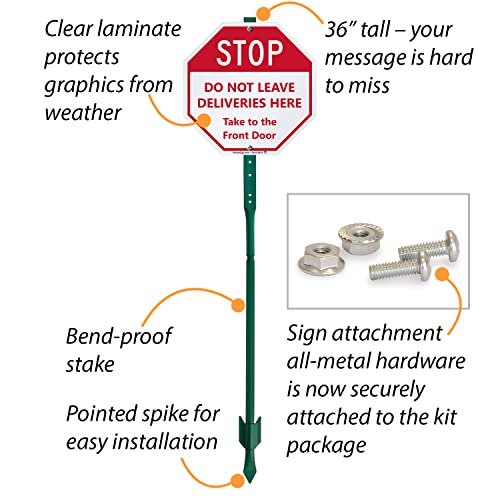 SmartSign 10 x 10 inch “Stop - Do Not Leave Deliveries Here, Take To The Front Door” LawnBoss Yard Sign with 3 foot Stake, 40 mil Laminated Rustproof Aluminum, Red and White, Set of 1