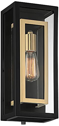Possini Euro Design Double Box Industrial Outdoor Wall Light Fixture Matte Black Warm Brass Metal 15 1/2" Clear Glass Panel for Exterior House Porch Patio Outside Deck Garage Yard Front Door Home
