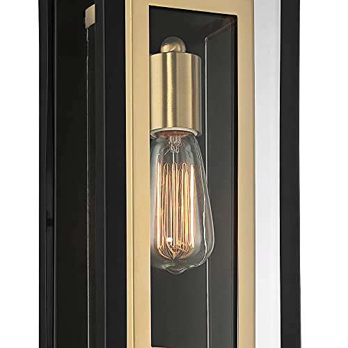Possini Euro Design Double Box Industrial Outdoor Wall Light Fixture Matte Black Warm Brass Metal 15 1/2" Clear Glass Panel for Exterior House Porch Patio Outside Deck Garage Yard Front Door Home