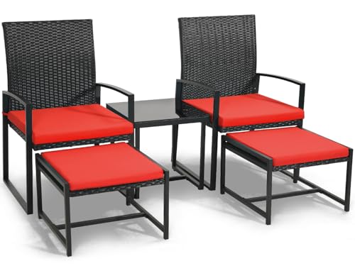 Murago 5 Pieces Wicker Patio Conversation Sets, Rattan Furniture Set with Coffee Table and 2 Ottomans, Ideal for Porch, Garden, Yard, Poolside, Black Rattan with Red Cushion