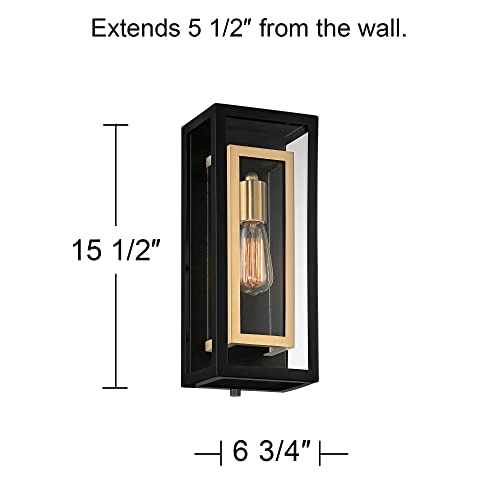 Possini Euro Design Double Box Industrial Outdoor Wall Light Fixture Matte Black Warm Brass Metal 15 1/2" Clear Glass Panel for Exterior House Porch Patio Outside Deck Garage Yard Front Door Home