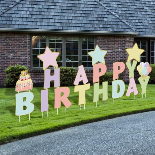 Jetec 18 Pieces Happy Birthday Yard Signs with Stakes, 16 Inches Birthday Outdoor Lawn Signs, Birthday Cake Balloon Patio Decorations, Garden Lawn Decorations for Birthday Party