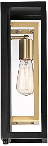 Possini Euro Design Double Box Industrial Outdoor Wall Light Fixture Matte Black Warm Brass Metal 15 1/2" Clear Glass Panel for Exterior House Porch Patio Outside Deck Garage Yard Front Door Home
