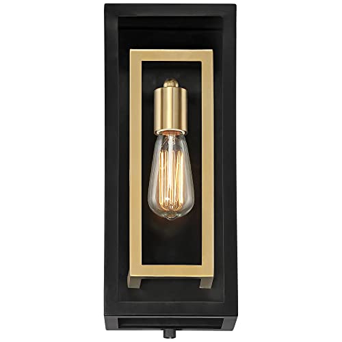 Possini Euro Design Double Box Industrial Outdoor Wall Light Fixture Matte Black Warm Brass Metal 15 1/2" Clear Glass Panel for Exterior House Porch Patio Outside Deck Garage Yard Front Door Home