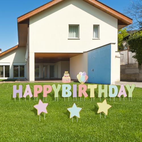 Jetec 18 Pieces Happy Birthday Yard Signs with Stakes, 16 Inches Birthday Outdoor Lawn Signs, Birthday Cake Balloon Patio Decorations, Garden Lawn Decorations for Birthday Party