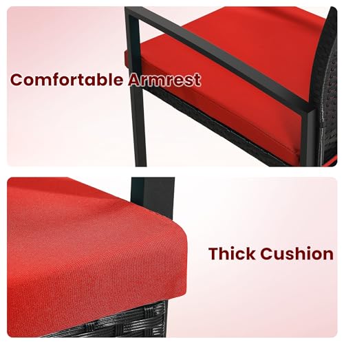Murago 5 Pieces Wicker Patio Conversation Sets, Rattan Furniture Set with Coffee Table and 2 Ottomans, Ideal for Porch, Garden, Yard, Poolside, Black Rattan with Red Cushion