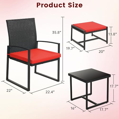 Murago 5 Pieces Wicker Patio Conversation Sets, Rattan Furniture Set with Coffee Table and 2 Ottomans, Ideal for Porch, Garden, Yard, Poolside, Black Rattan with Red Cushion