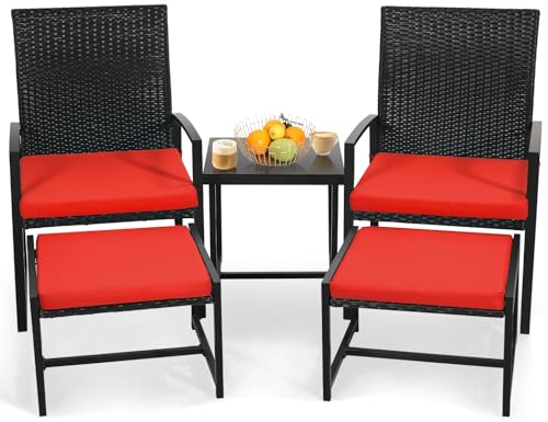 Murago 5 Pieces Wicker Patio Conversation Sets, Rattan Furniture Set with Coffee Table and 2 Ottomans, Ideal for Porch, Garden, Yard, Poolside, Black Rattan with Red Cushion