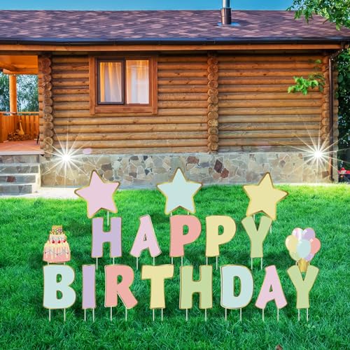 Jetec 18 Pieces Happy Birthday Yard Signs with Stakes, 16 Inches Birthday Outdoor Lawn Signs, Birthday Cake Balloon Patio Decorations, Garden Lawn Decorations for Birthday Party