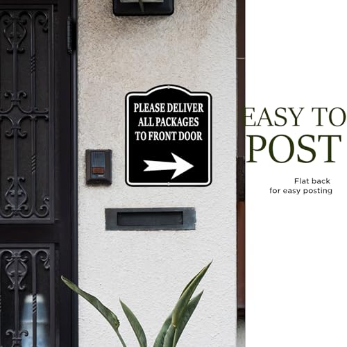 Delivery Sign, Joyfulmap Please Deliver All Packages to Front Door Right Delivery Sign, Aluminum BLACK Sign for Delivery Driver, Indoor Outdoor Signs for Home, Office, Work, 8.5"x10"