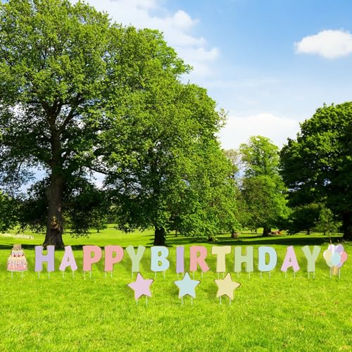Jetec 18 Pieces Happy Birthday Yard Signs with Stakes, 16 Inches Birthday Outdoor Lawn Signs, Birthday Cake Balloon Patio Decorations, Garden Lawn Decorations for Birthday Party