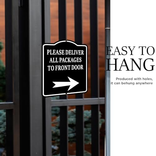 Delivery Sign, Joyfulmap Please Deliver All Packages to Front Door Right Delivery Sign, Aluminum BLACK Sign for Delivery Driver, Indoor Outdoor Signs for Home, Office, Work, 8.5"x10"