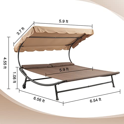 Brown Double Chaise Lounge Bed with Adjustable Canopy
